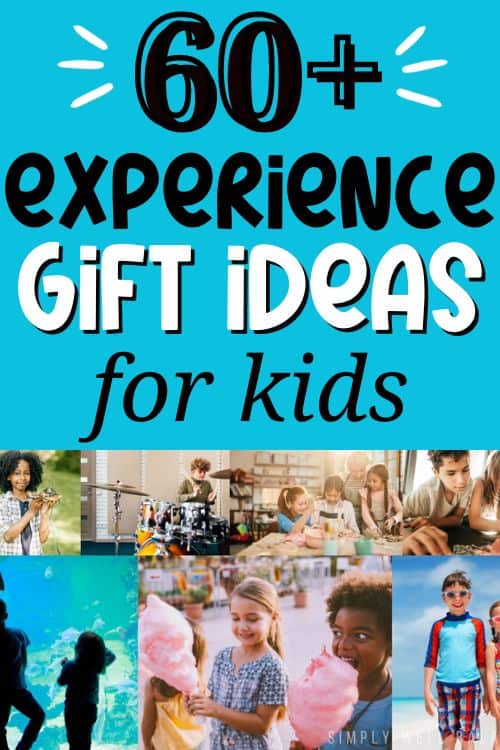 Experience gift ideas for kids. Children playing drums, making crafts, going to the beach. 