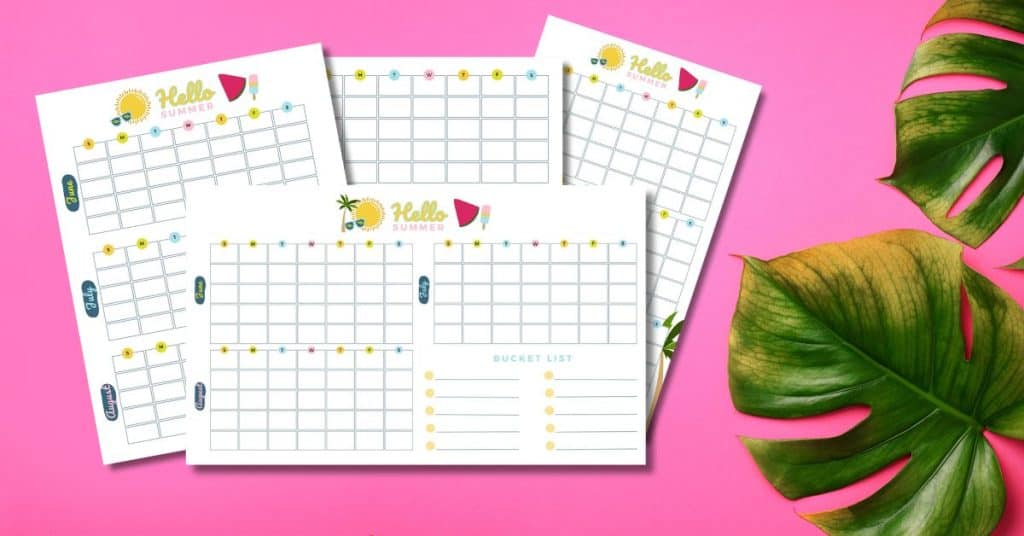 Free printable June, July, August three month calendars.