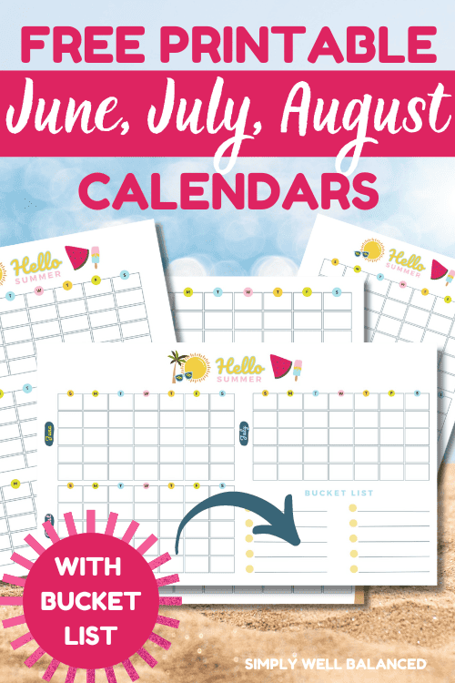 Printable June, July, August, one page calendar planner. 